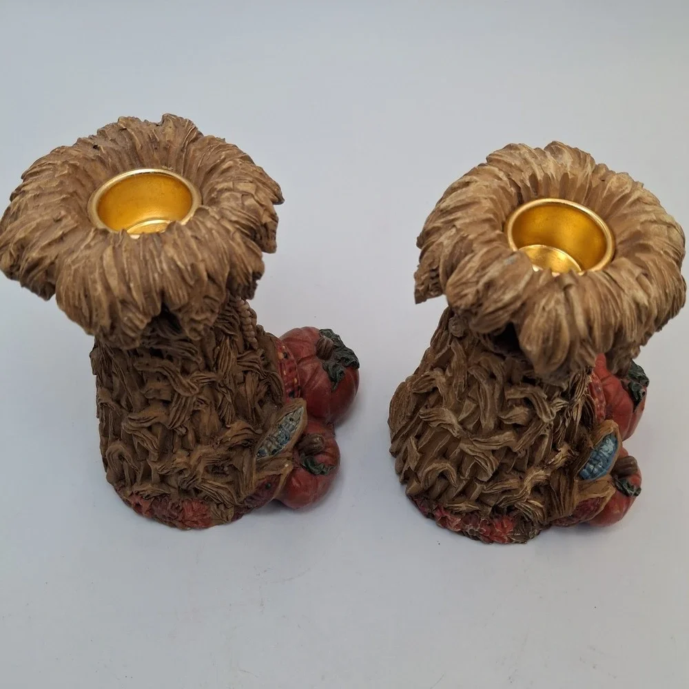 Kurt Adler Resin Thanksgiving Harvest Cornstalk Candle Holders Pumpkin Set 2